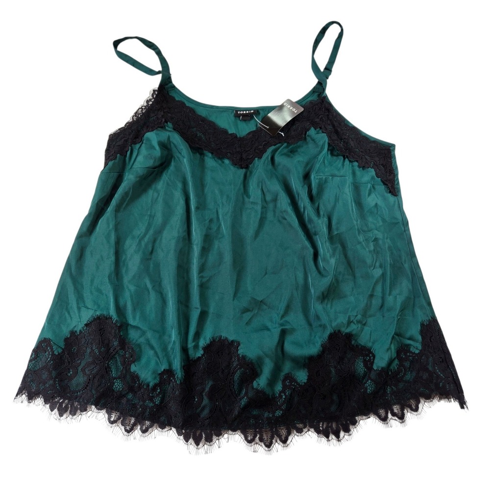 Torrid Size 0 12 Large Satin Lace Trim Cami Botanical Garden Green Black Lace